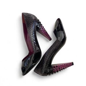 Miu Miu Black Patent and Plum Studded Snakeskin Pumps